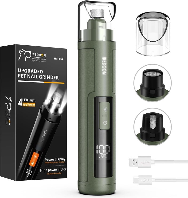 IREDOON Dog Nail Grinder Upgraded - Professional 3-Speed Super Quiet and Low Vibration Electric Pet Nail Grinder with 4 LED Lights - Painless Paws Grooming & Smoothing for Small to Large Dogs (Green) - Image 1